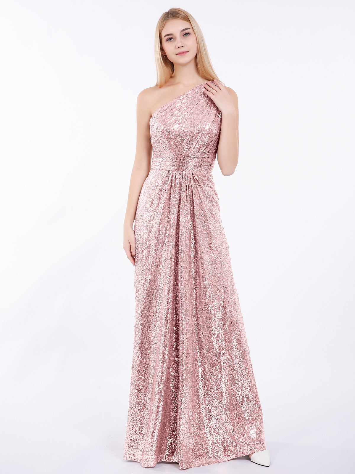BABARONI One Shoulder Long Sequins Gown Rose Gold, Rose Gold / US0
