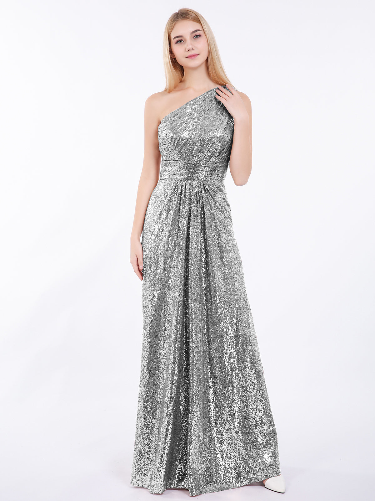 BABARONI One Shoulder Long Sequins Gown Silver, Silver / US0 BABARONI One Shoulder Long Sequins Gown Silver, Silver / US0