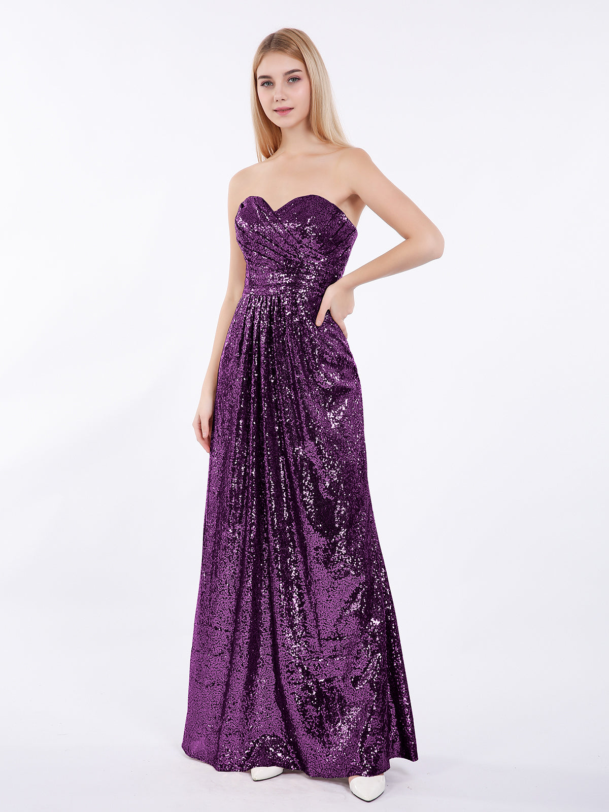 BABARONI Sequin Grape Bridesmaid Dresses Sweetheart Floor-length Sleeveless Pleated A-line, Grape / US0