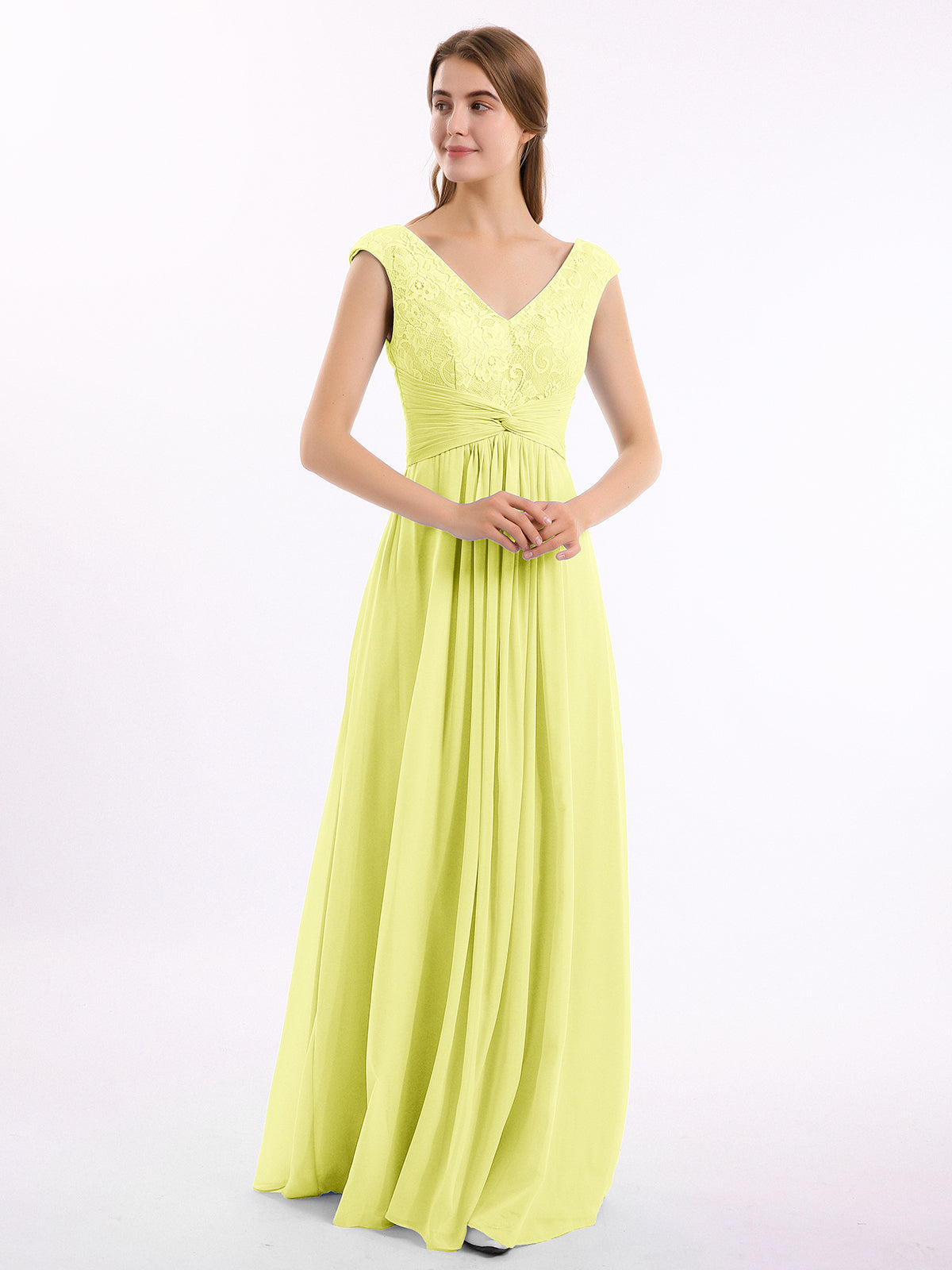 Long Cap Sleeves Chiffon Dress with Lace Top Dusty Rose main image 0
