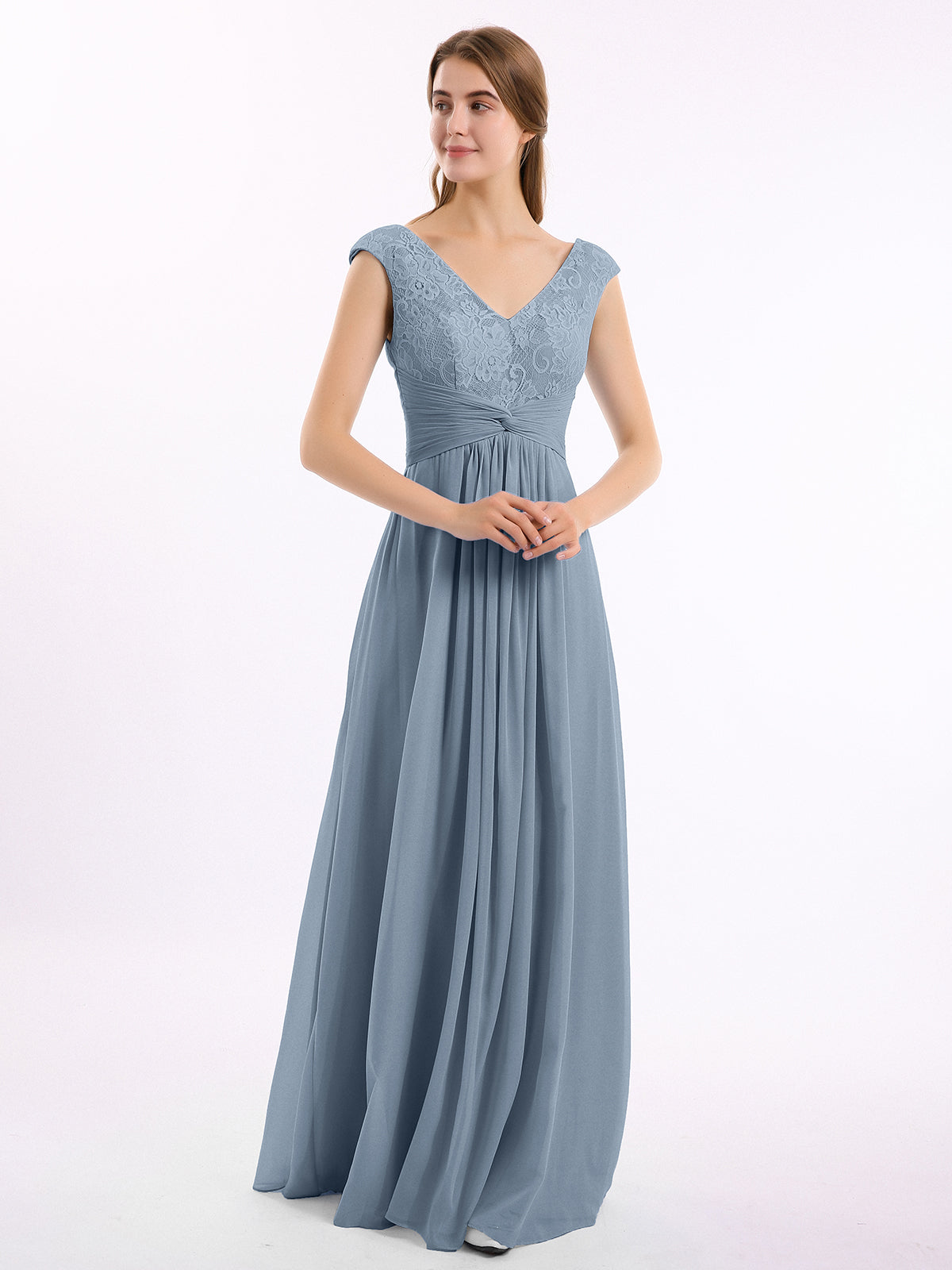 Lace Bodice Chiffon Skirt Cap Sleeves Dress Slate Blue main image 0