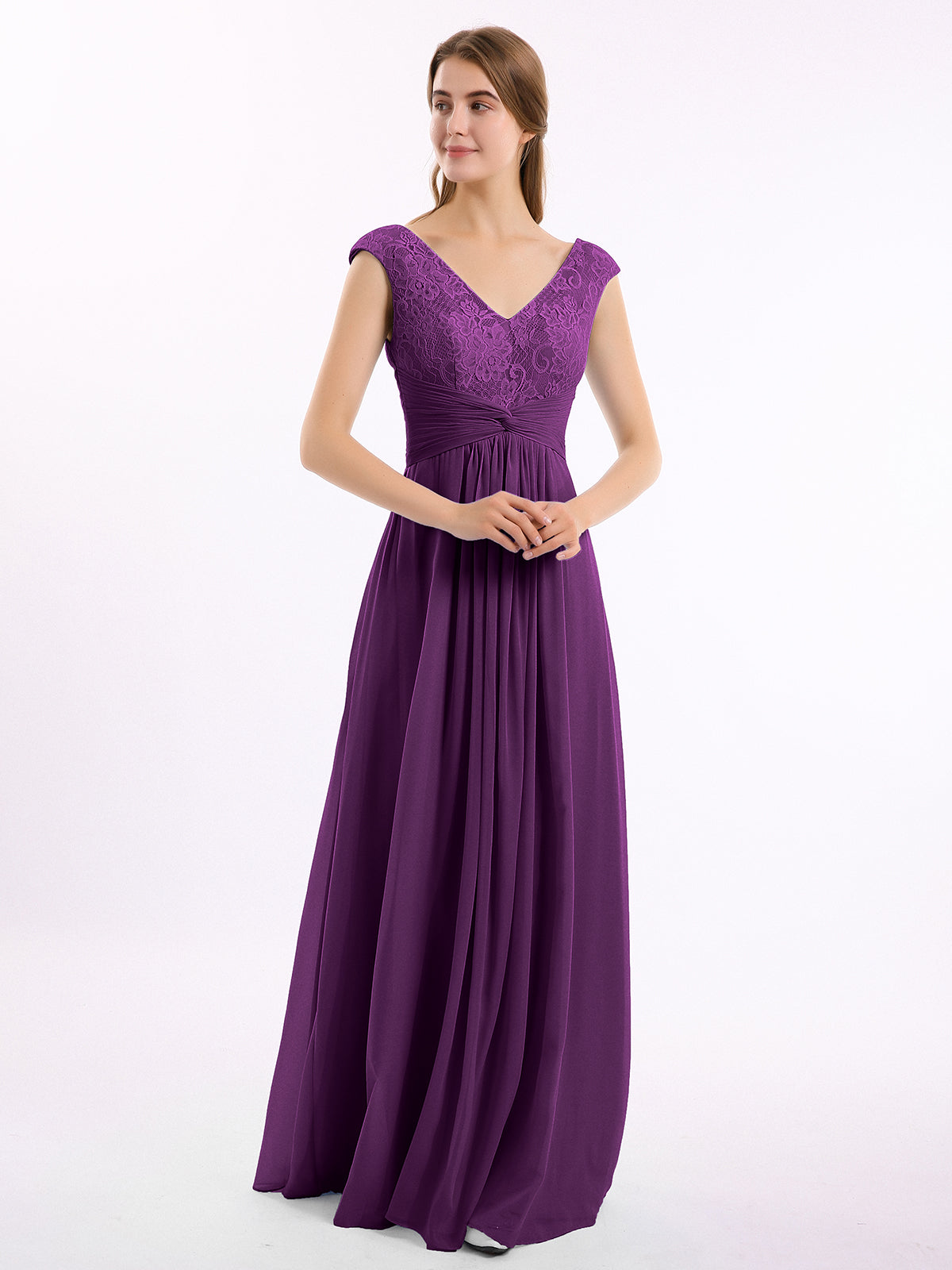BABARONI Cap Sleeves Chiffon and Lace Dress with V Neck Grape Plus size, Grape / US18