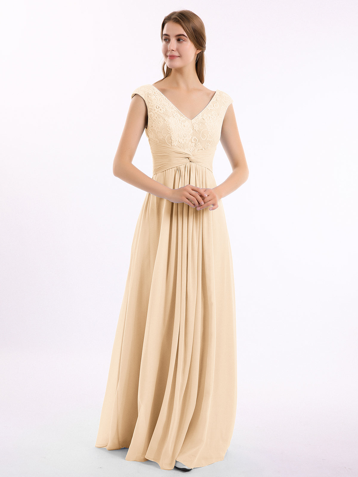 peach and champagne bridesmaid dresses BABARONI Chiffon V-neck Floor-length Cap Sleeve Lace A-line, Peach / US18 dark peach bridesmaid dresses