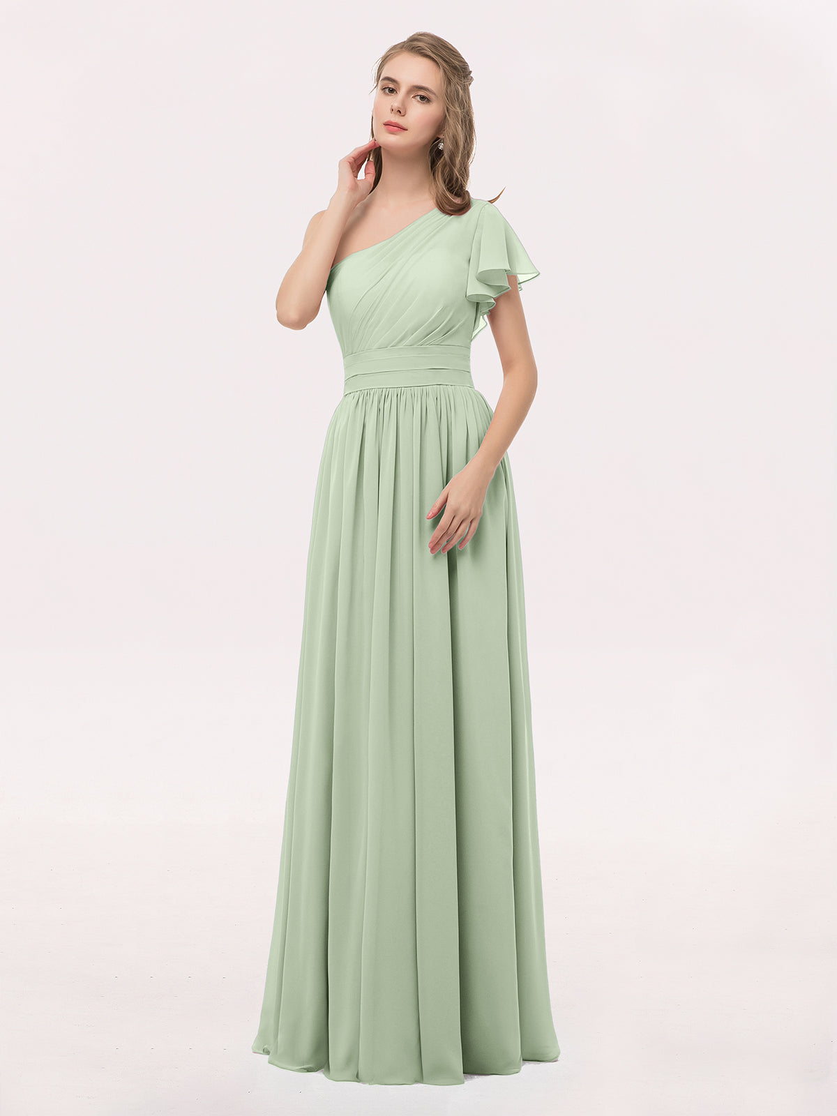 BABARONI Chiffon Dusty Sage Bridesmaid Dresses One Shoulder Floor-length Short Ruffle A-line BABARONI Chiffon Dusty Sage Bridesmaid Dresses One Shoulder Floor-length Short Ruffle A-line