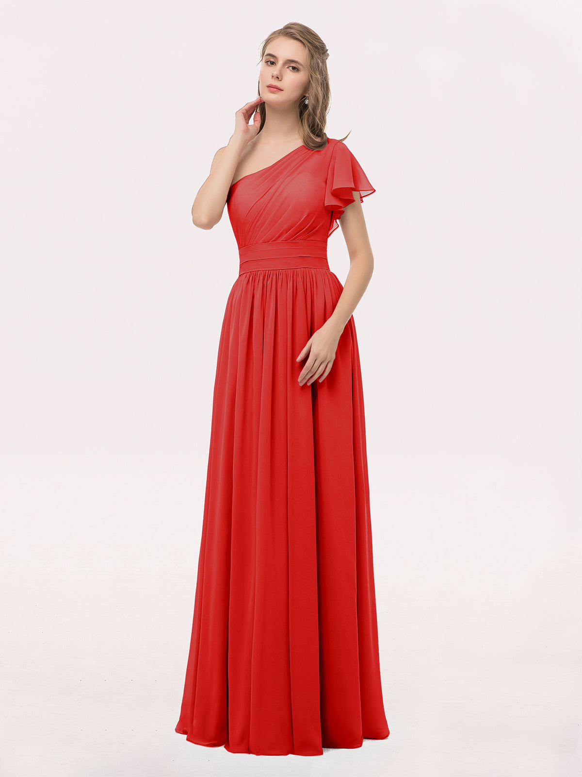 BABARONI One Shoulder Flutter Sleeve Chiffon Gown Red, Red / US0