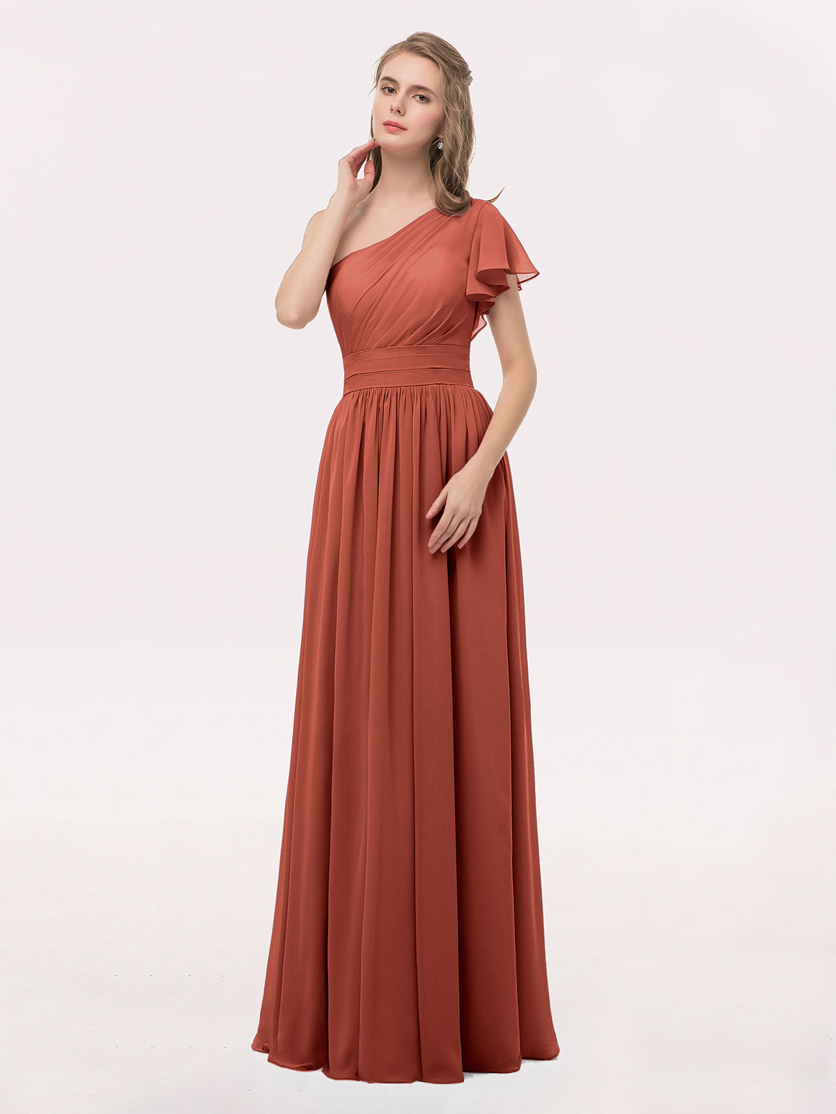 BABARONI One Shoulder Flutter Sleeve Chiffon Gown Rust, Rust / US0 BABARONI One Shoulder Flutter Sleeve Chiffon Gown Rust, Rust / US0