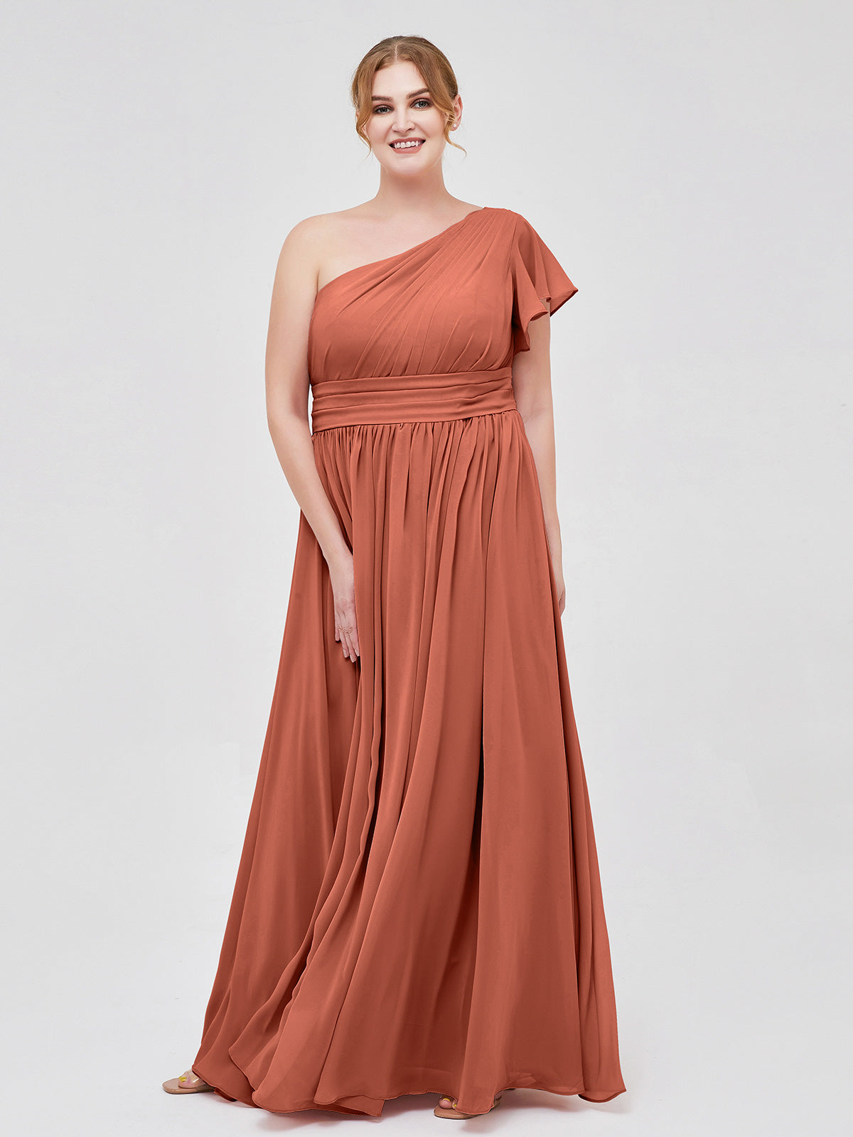 BABARONI One Shoulder Flutter Sleeve Chiffon Gown Rust, Rust / US0