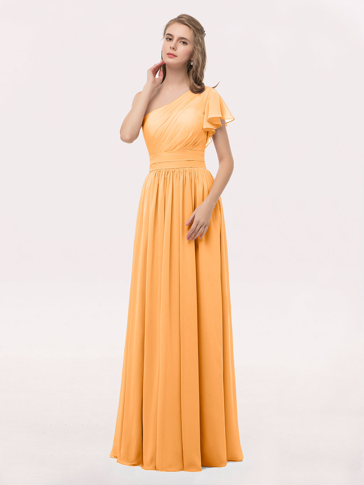 BABARONI Chiffon Tangerine Bridesmaid Dresses One Shoulder Floor-length
