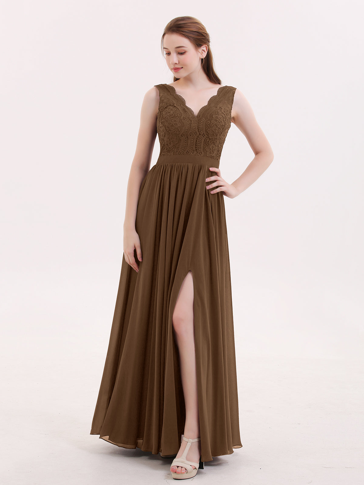 BABARONI Lace and Chiffon Sexy Dress with Slit Brown, Brown / US0
