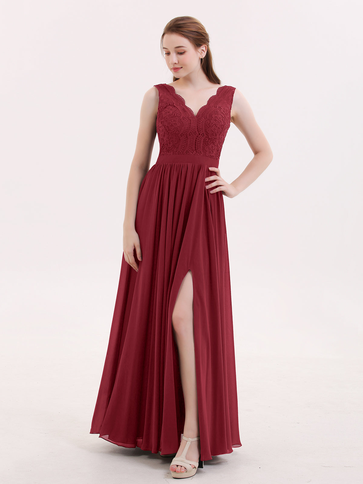 princess polly baby blue dress BABARONI Lace and Chiffon Sexy Dress with Slit Burgundy, Burgundy / US0
