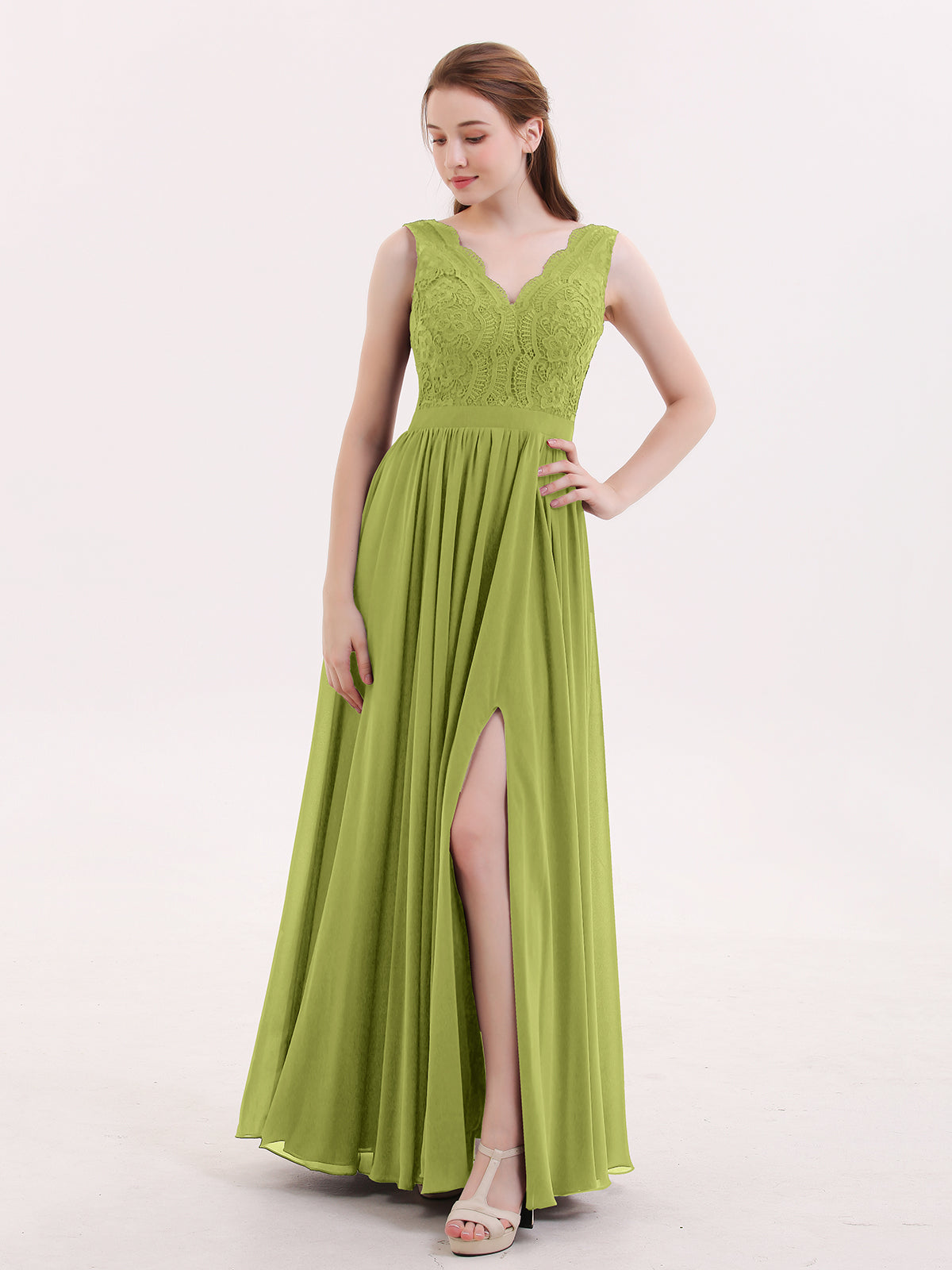 clover colored bridesmaid dresses BABARONI Chiffon V-neck Floor-length Sleeveless Lace with Slit A-line, Clover / US18 Olympia Teal Pleated One group-7751 line silhouette provide optimal Colour:Royal/White Trim