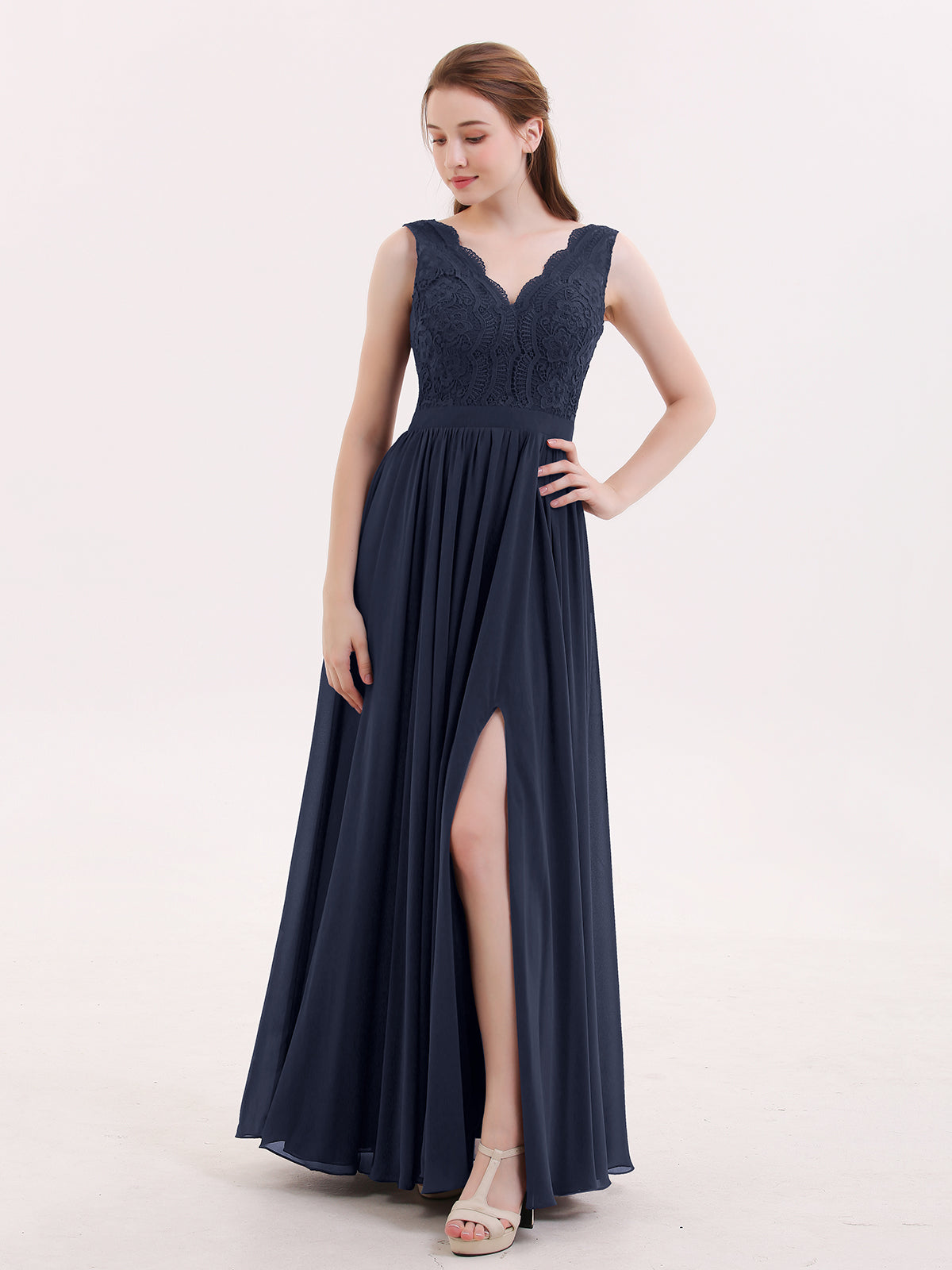 BABARONI Lace and Chiffon Sexy Dress with Slit Dark Navy, Dark Navy / US0