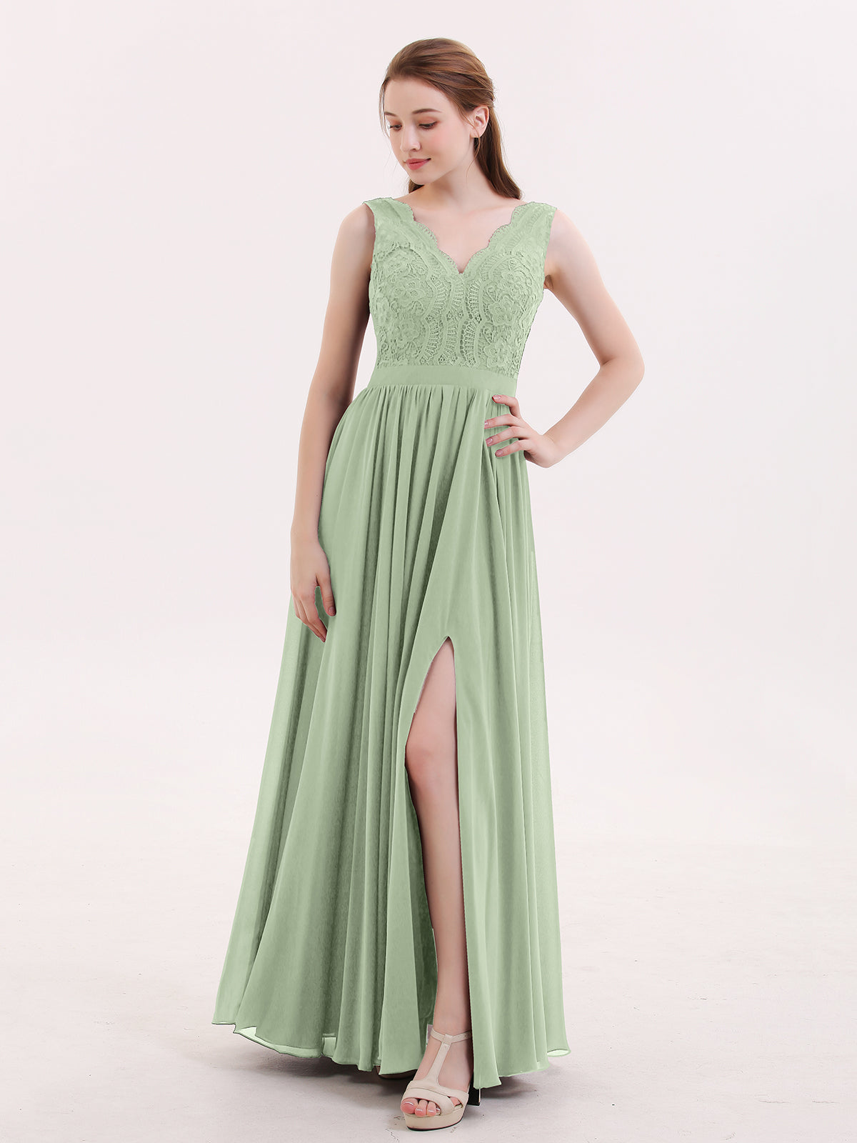 BABARONI Lace and Chiffon Sexy Dress with Slit Dusty Sage, Dusty Sage / US0