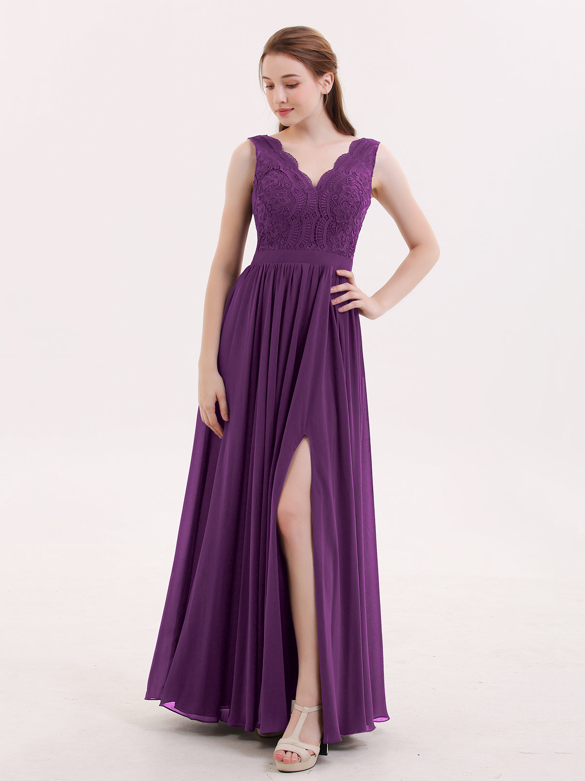 BABARONI Chiffon Grape Bridesmaid Dresses V-neck Floor-length Sleeveless Lace with Slit A-line, Grape / US0