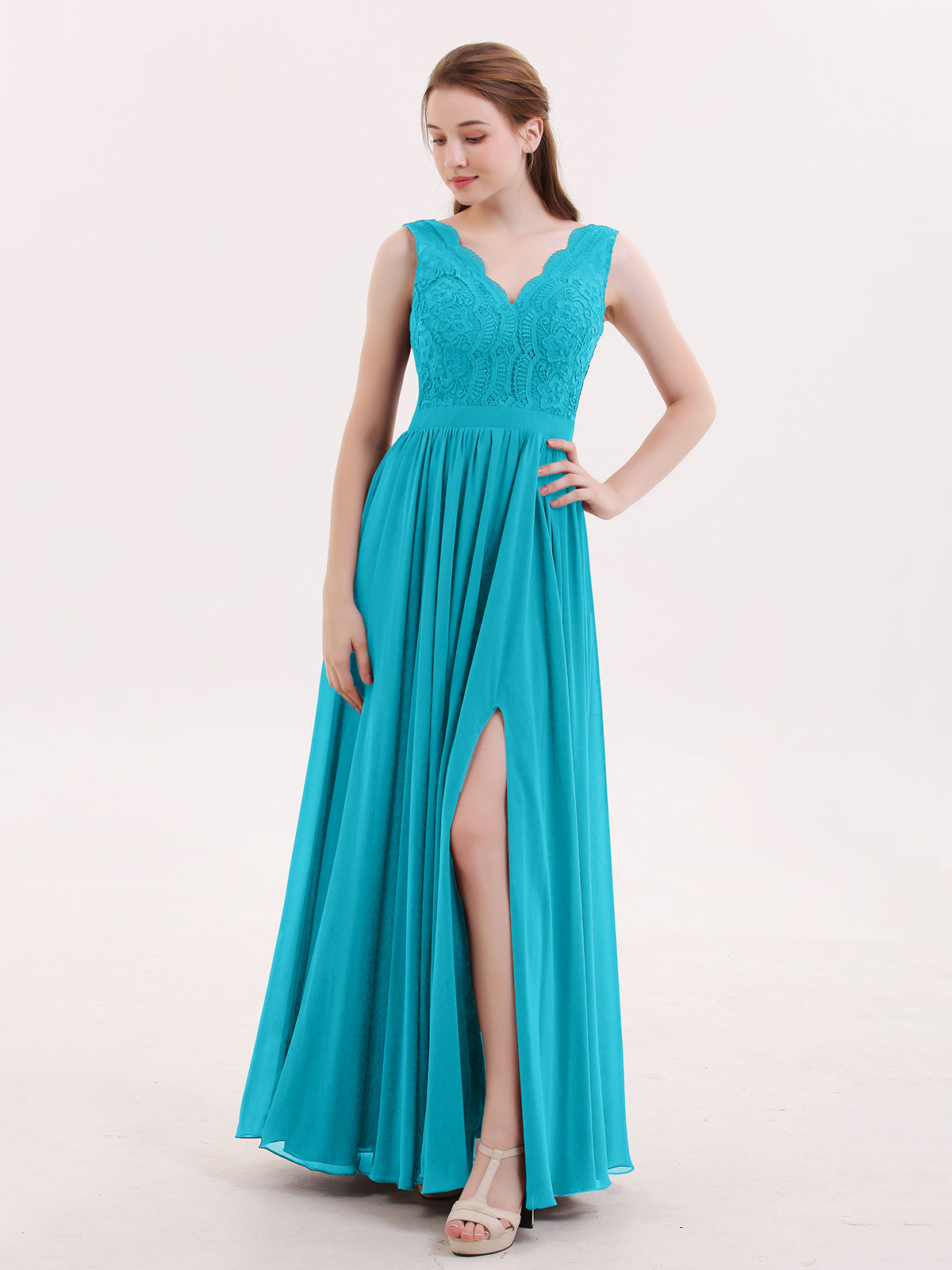 BABARONI Lace and Chiffon Sexy Dress with Slit Jade Plus Size, Jade / US18 BABARONI Lace and Chiffon Sexy Dress with Slit Jade Plus Size, Jade / US18