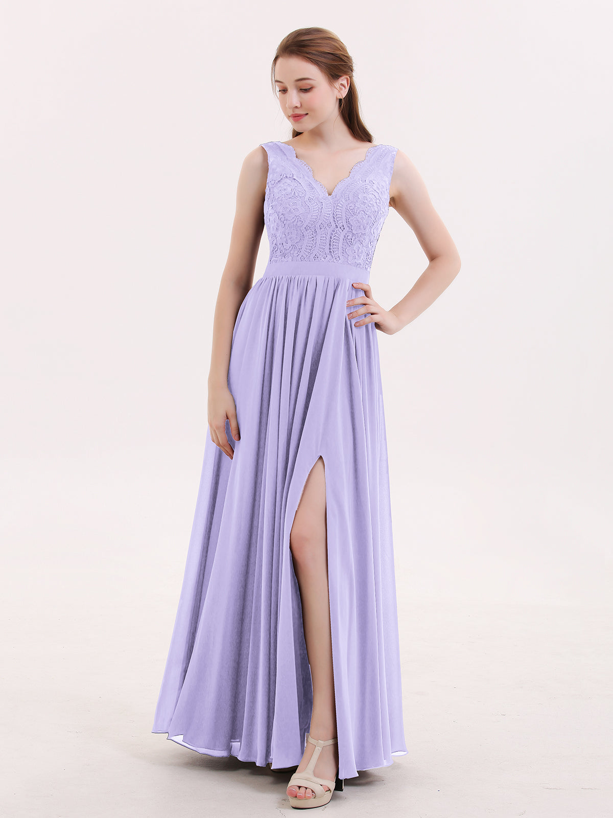 Long Chiffon Dresses with FLOWERS Lilac Plus Size