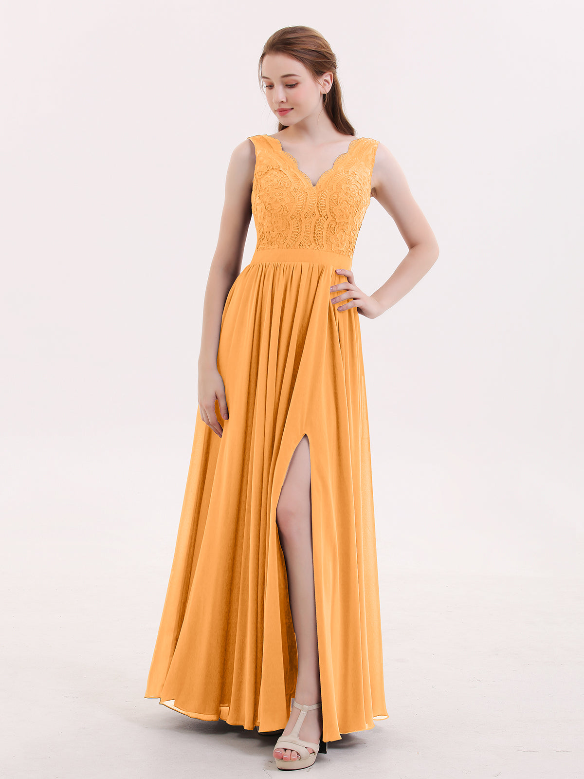 BABARONI Chiffon Tangerine Bridesmaid Dresses V-neck Floor-length
