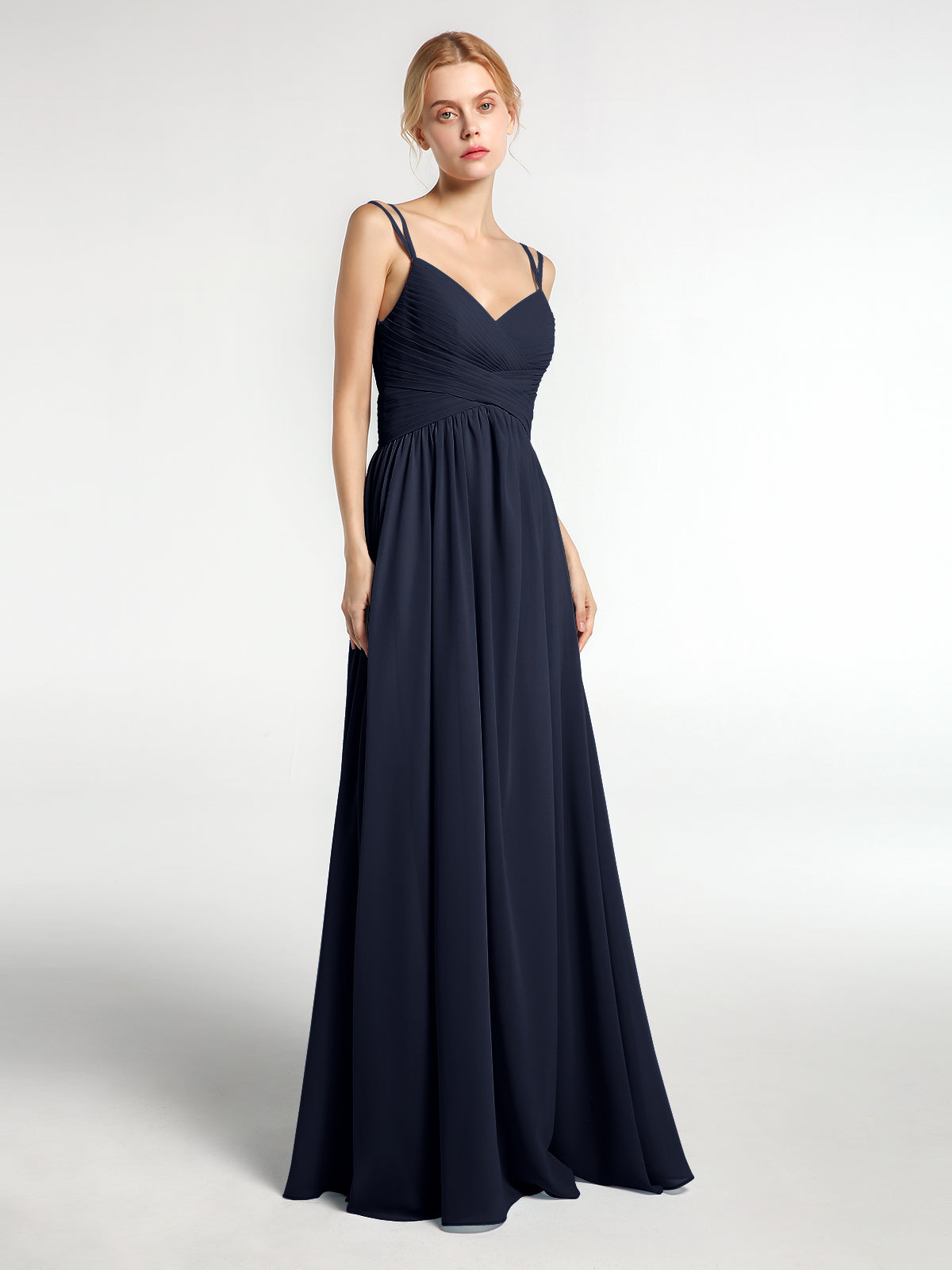 Chiffon Long Bridesmaid Dress with Double Strap Dark Navy