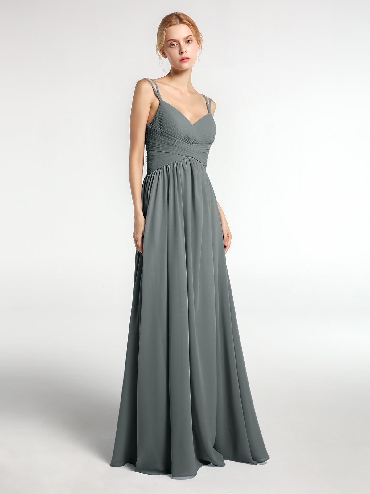 BABARONI Chiffon Long Bridesmaid Dress with Double Strap Steel Grey Plus Size, Steel Grey / US18