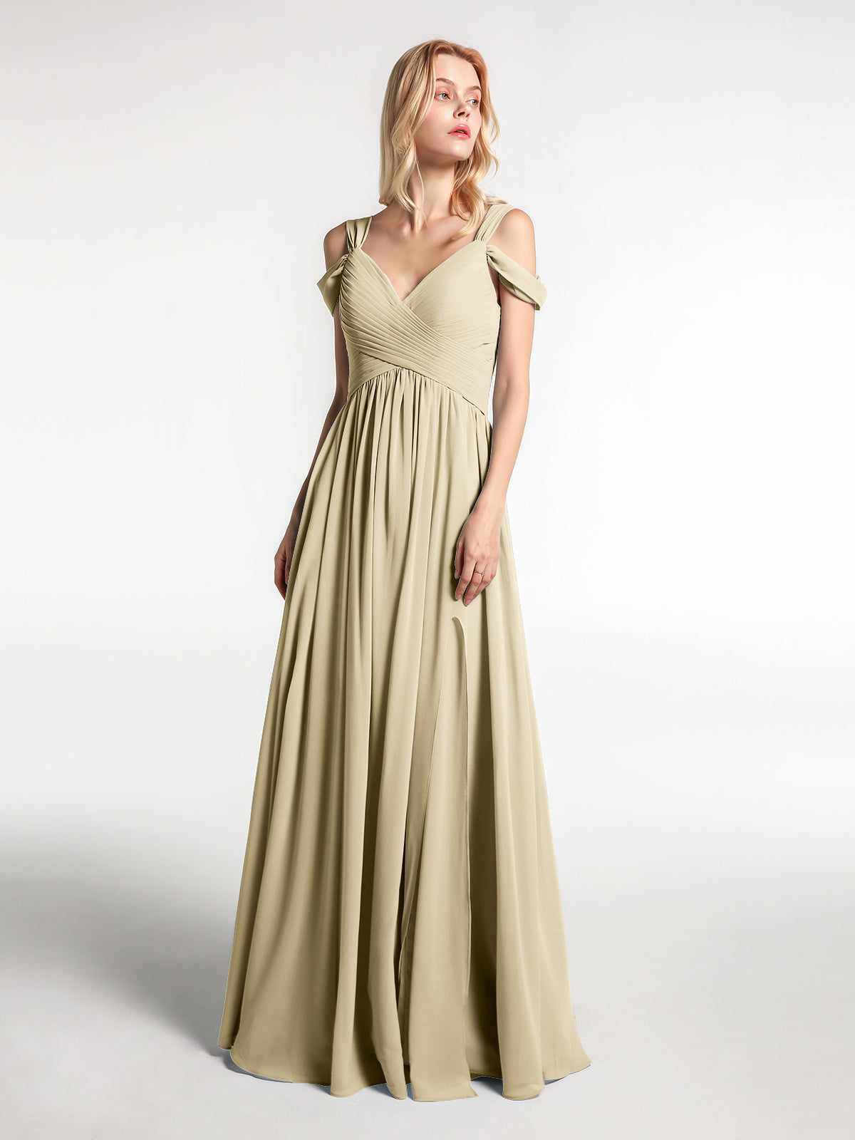 BABARONI Chiffon Champagne Bridesmaid Dresses V-neck Floor-length  Sleeveless with Slit Empire