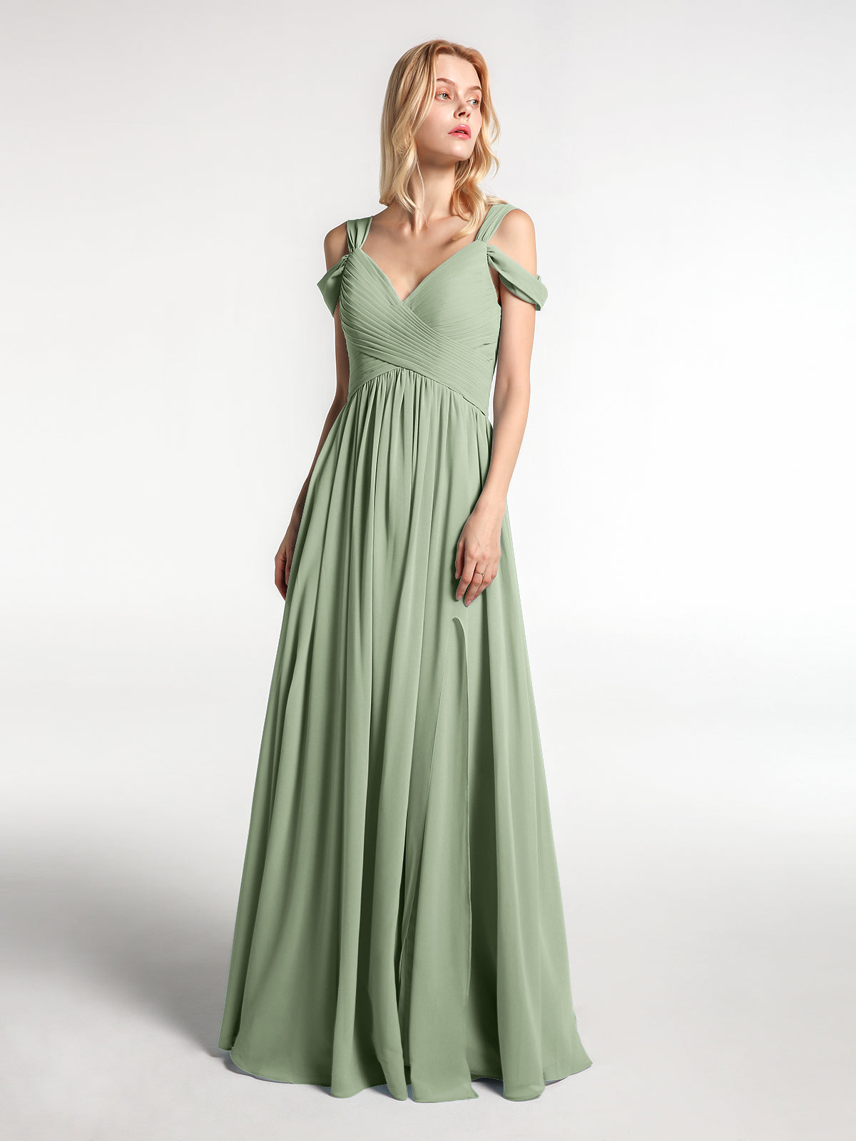 Off Shoulder Sweep Train Dress With Slit Dusty Sage Plus Size