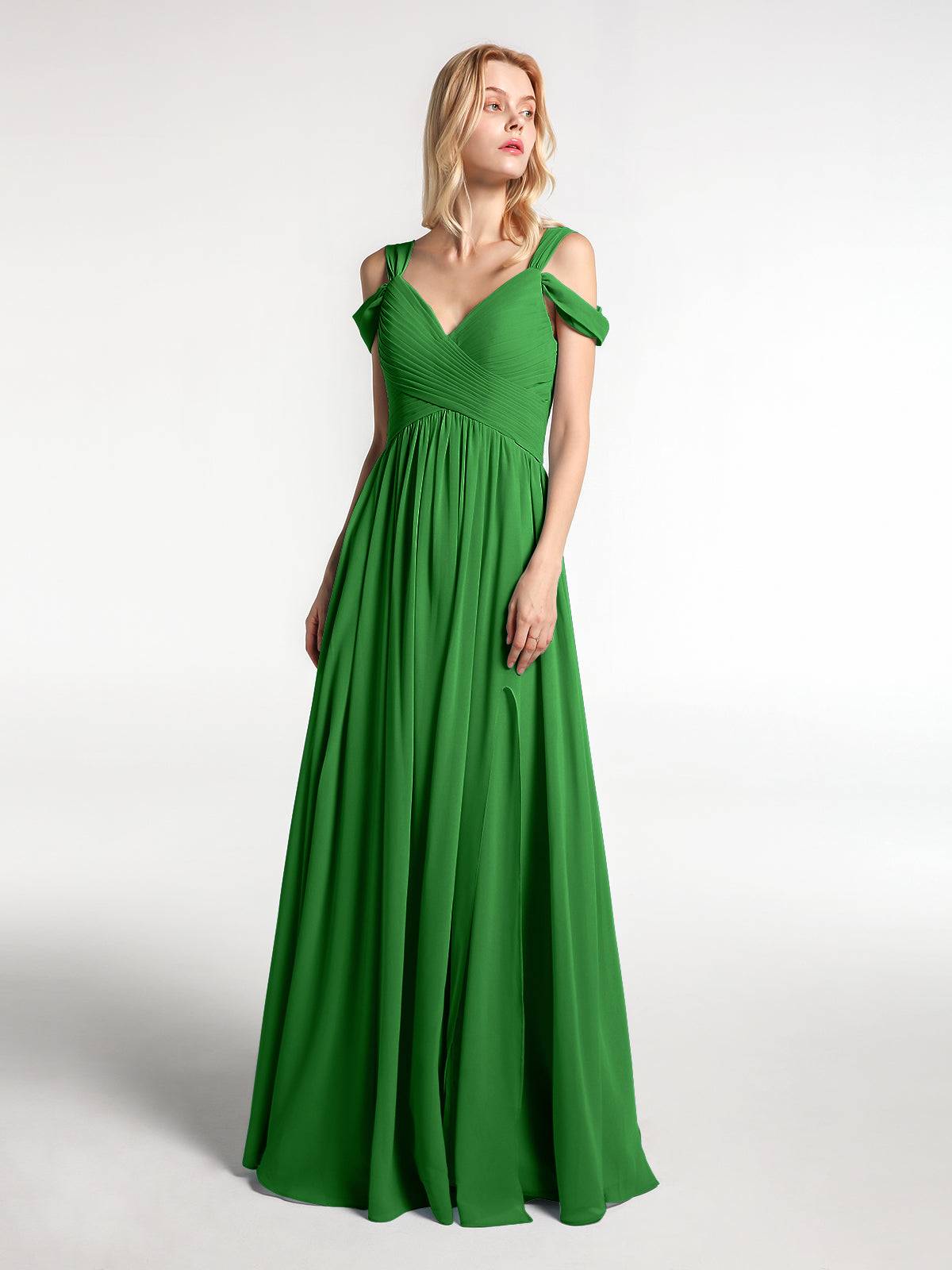 emerald green off the shoulder maxi dress BABARONI Chiffon Green Bridesmaid Dresses V-neck Floor-length Sleeveless  with Slit Empire