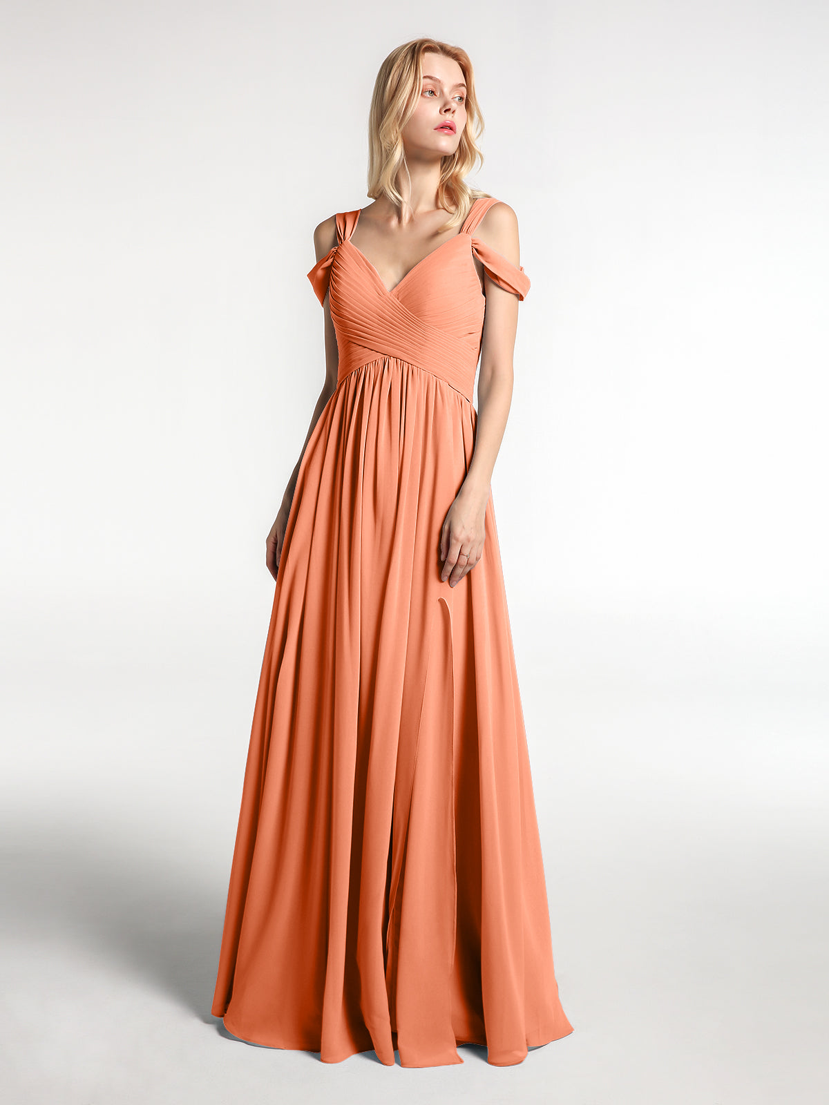 rust off the shoulder maxi dress BABARONI Chiffon Papaya Bridesmaid Dresses V-neck Floor-length Sleeveless  with Slit Empire