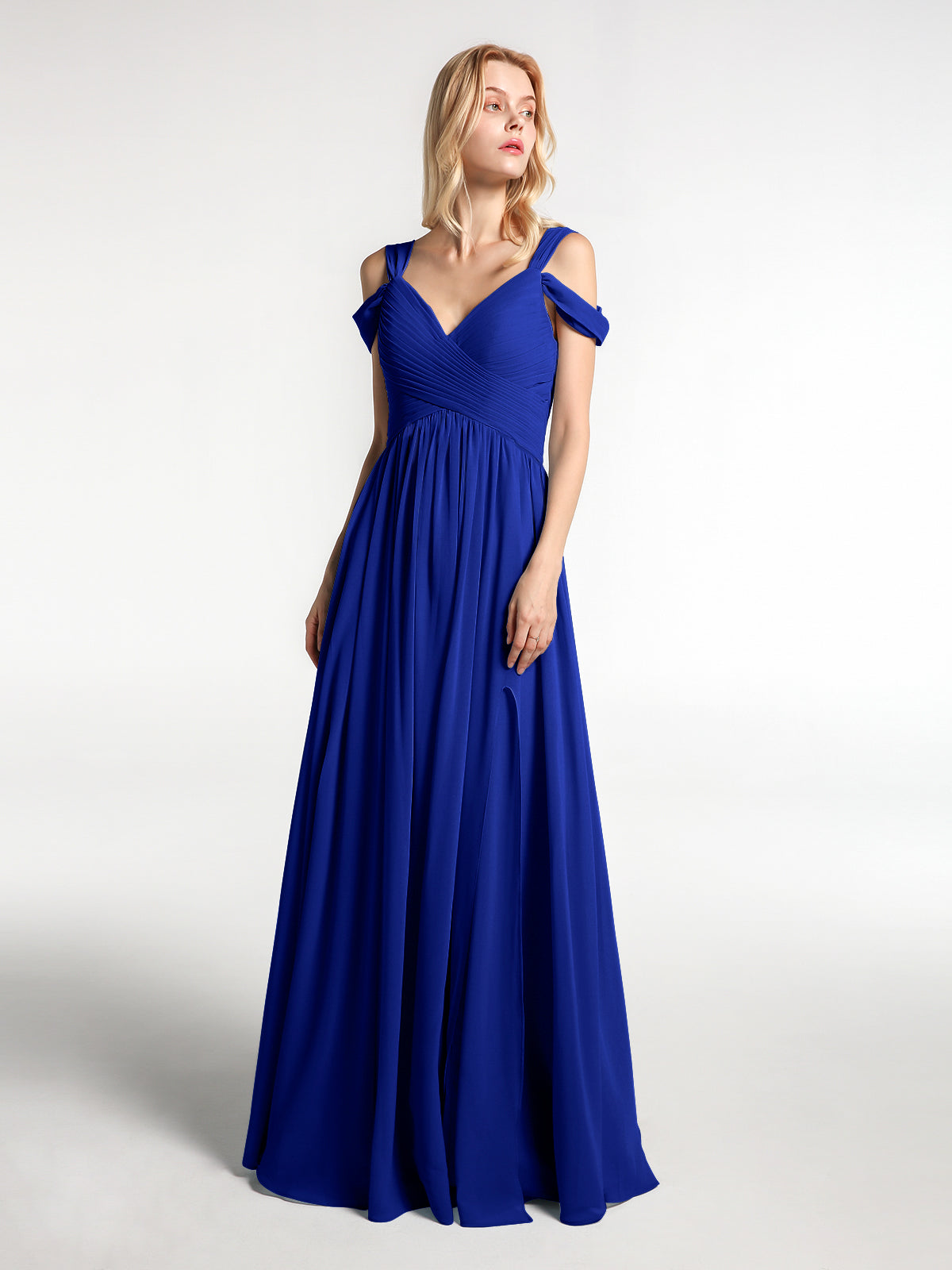royal blue off the shoulder maxi dress BABARONI Chiffon Royal Blue Bridesmaid Dresses V-neck Floor-length  Sleeveless with Slit Empire