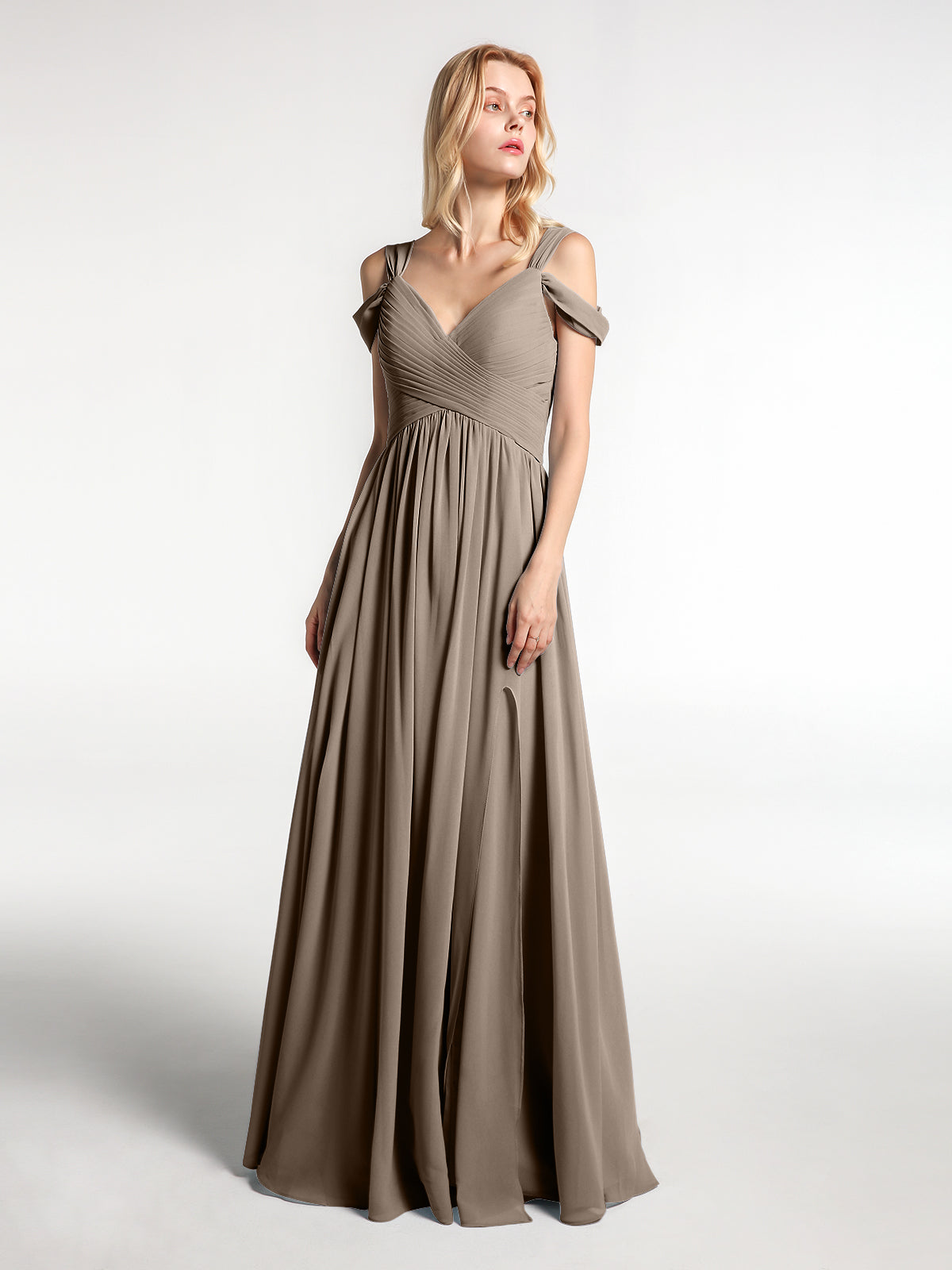 BABARONI Chiffon Taupe Bridesmaid Dresses V-neck Floor-length Sleeveless with Slit Empire BABARONI Chiffon Taupe Bridesmaid Dresses V-neck Floor-length Sleeveless with Slit Empire