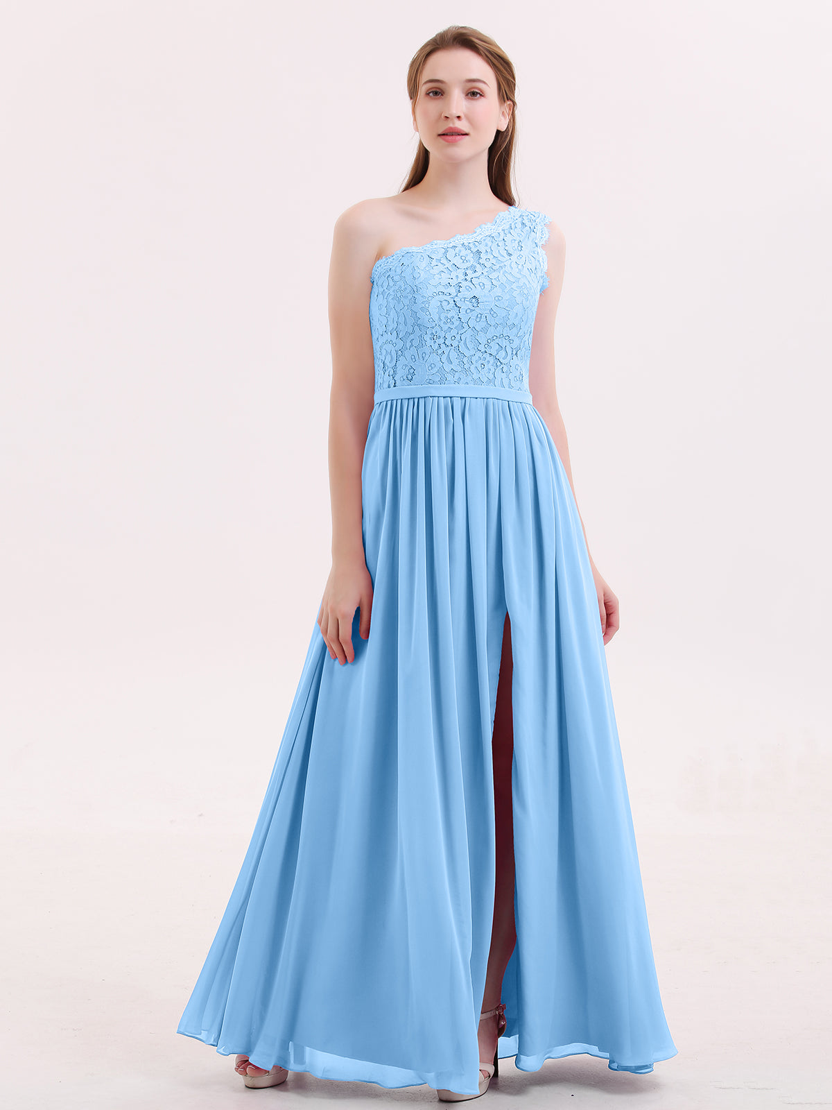 BABARONI One Shoulder Chiffon And Lace Dress with Slit Blue, Blue / US0