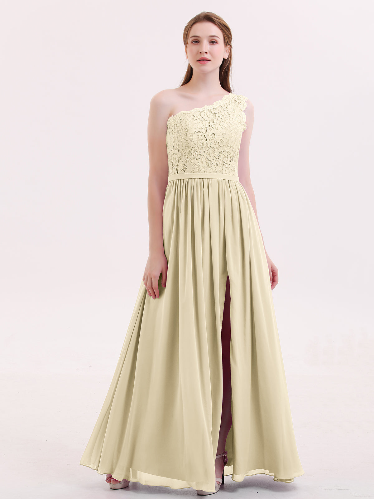 Simple Chiffon Bridesmaid Dress with Slit Champagne Plus Size