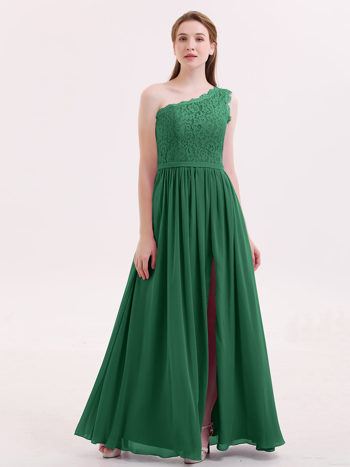 BABARONI One Shoulder Chiffon and Lace Dress with Slit Dark Green Plus size, Dark Green / US18