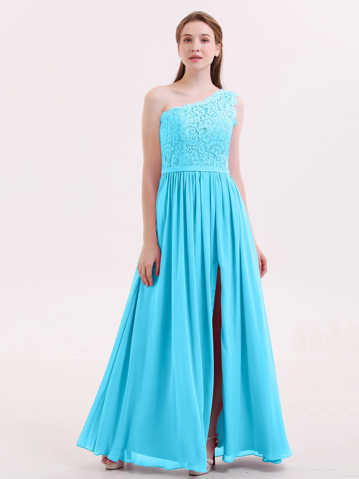 Long Chiffon Dress with Shallow V Neck High Slit Pool