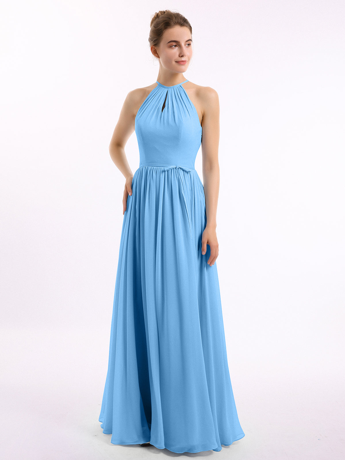 Long Halter Chiffon Dress with Back Double Straps Silver Plus Size