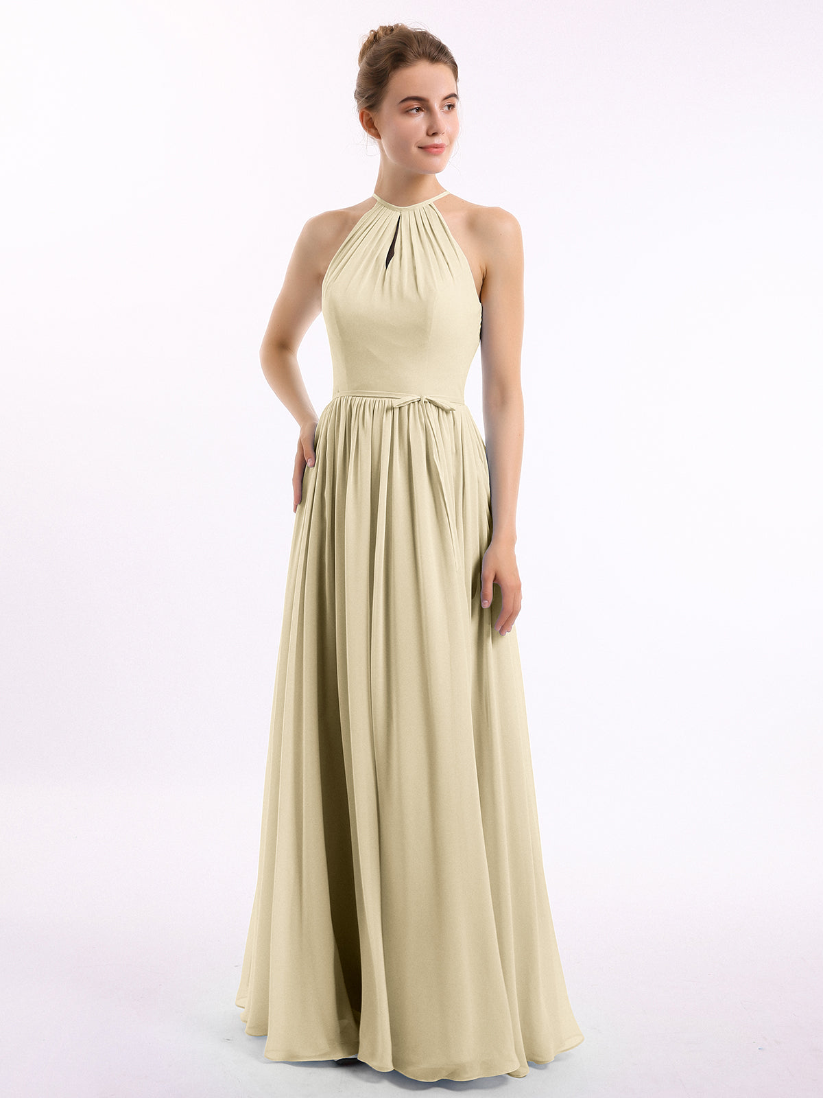 Chiffon Halter Open Back Long Dresses with Slit Royal Blue