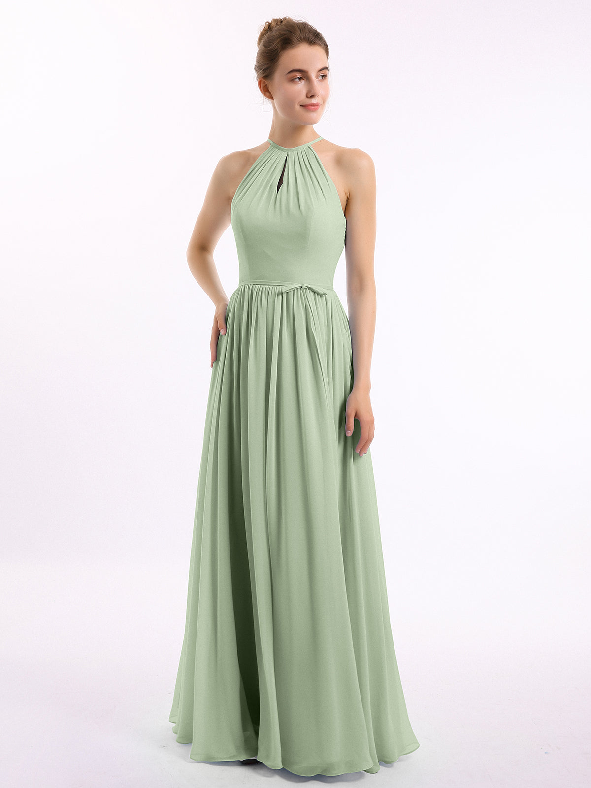 Halter Long Chiffon Dress with Open Back Dusty Rose main image 1