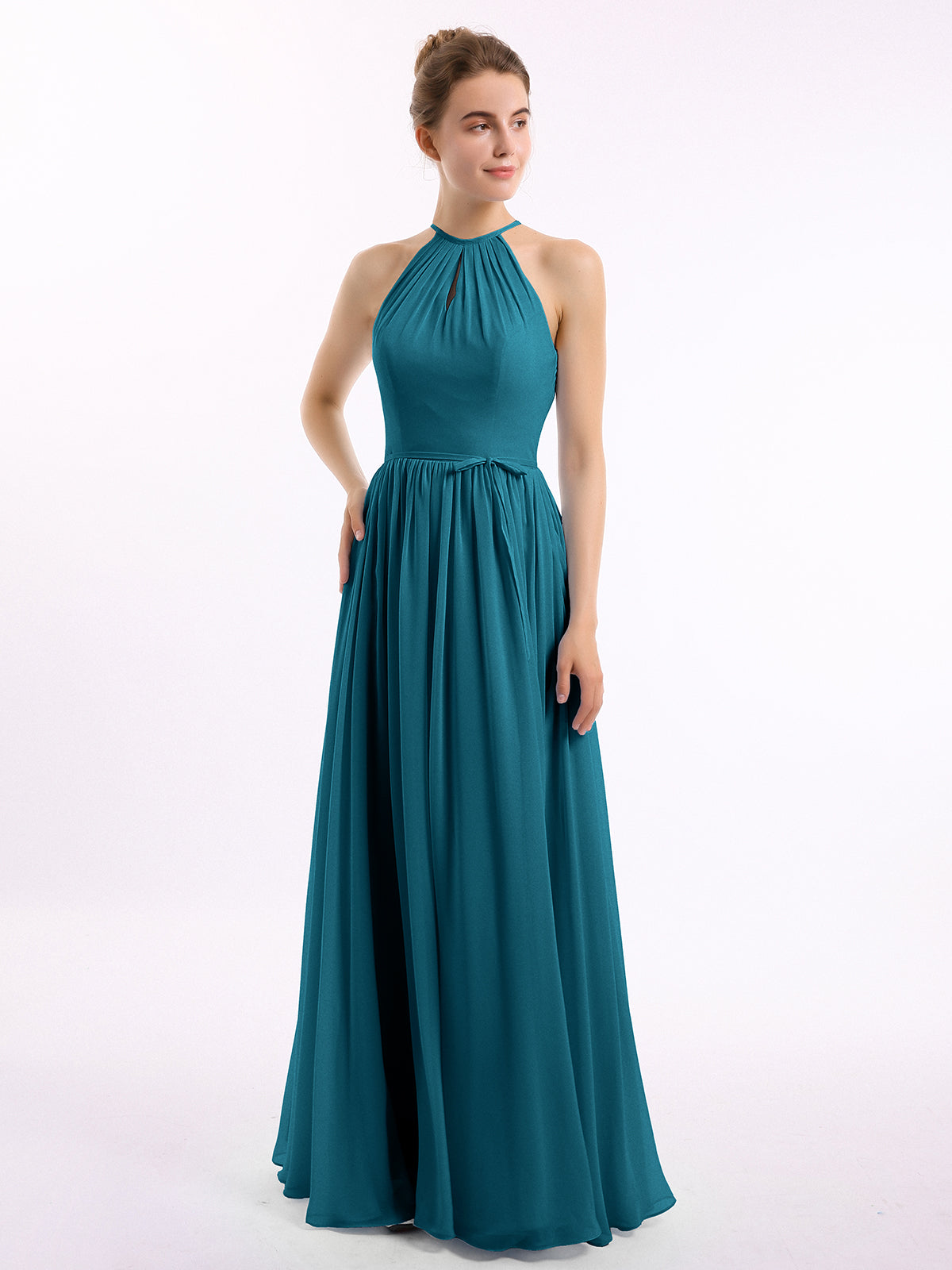 Long Chiffon Simple Dress with Halter Neck Blue Plus Size