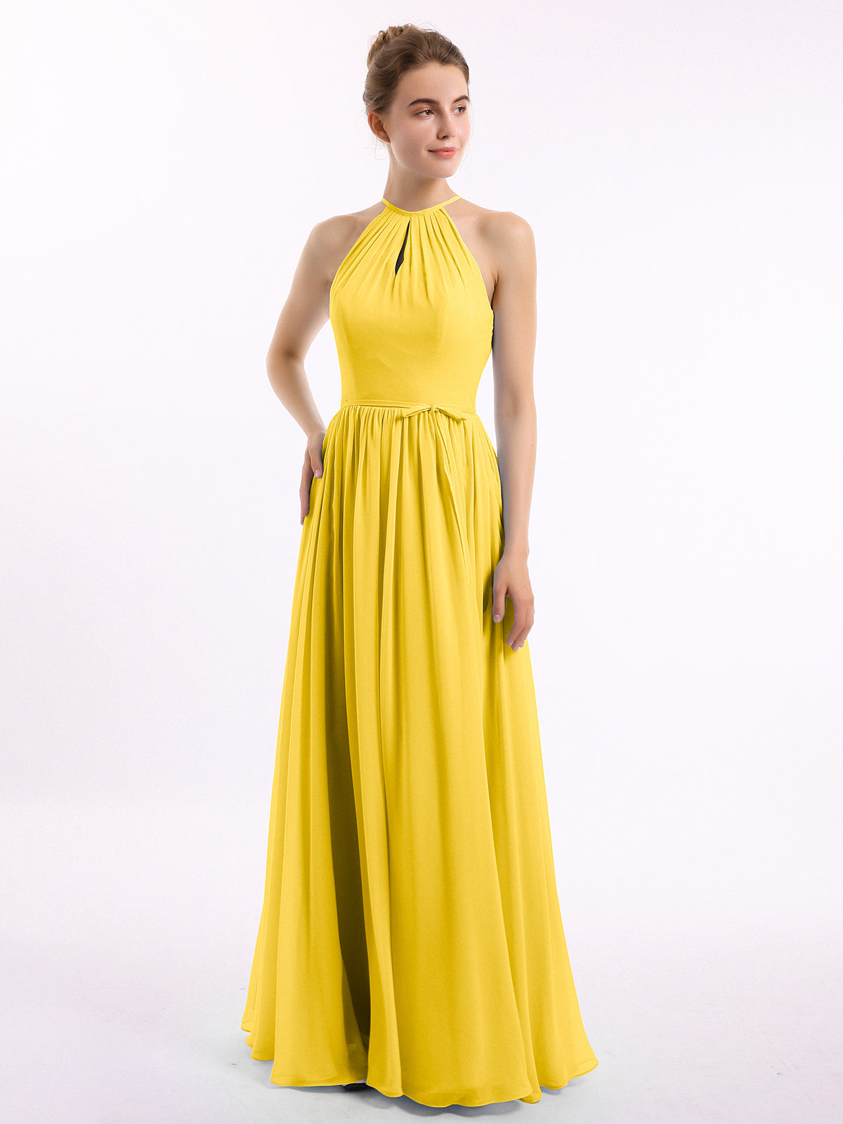 BABARONI Chiffon Marigold Bridesmaid Dresses Halter Floor-length