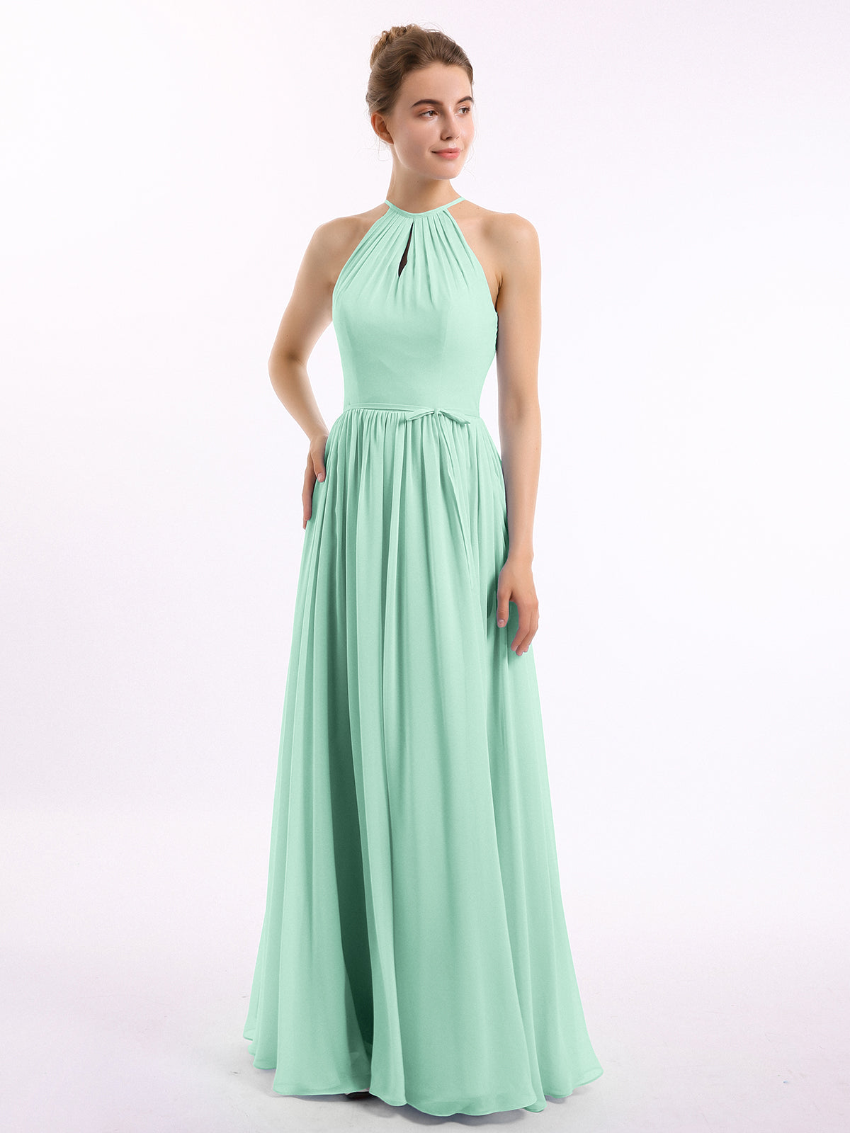 green emerald velvet dress BABARONI Long Halter Chiffon Dresses with Open Back Mint Green Plus size, Mint Green / US18
