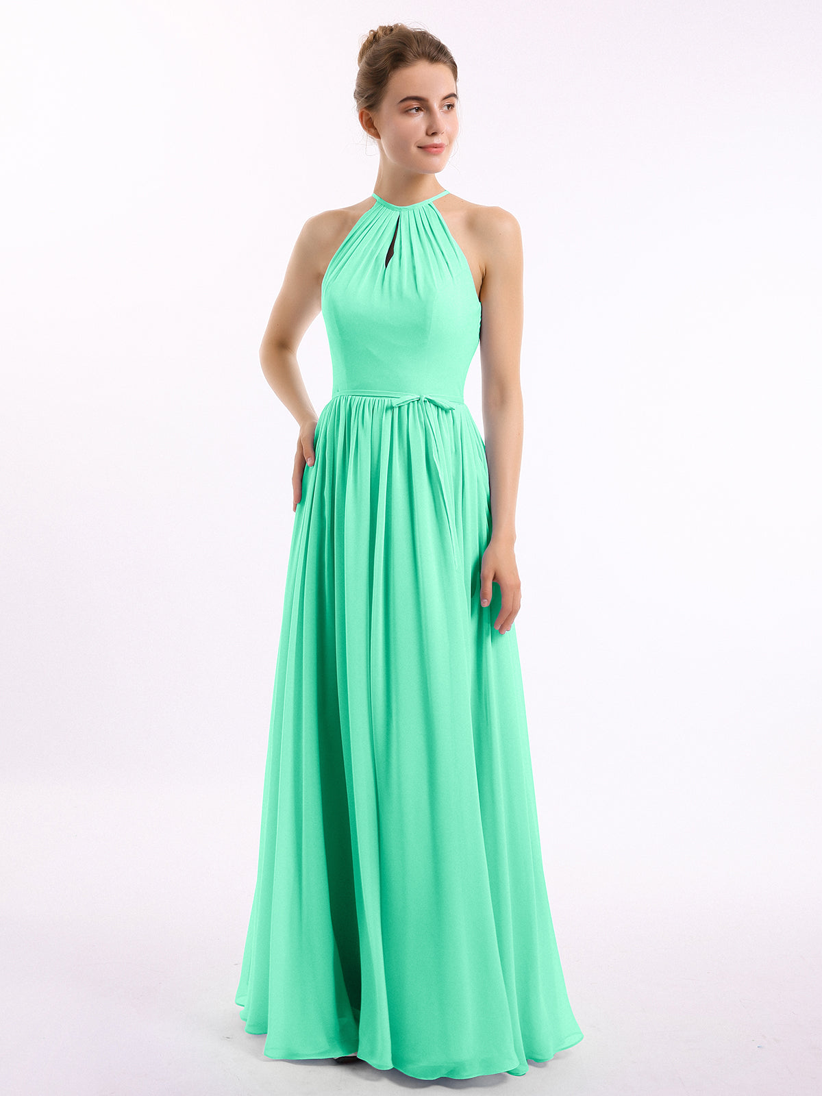 Long Halter Chiffon Dresses of Bridesmaid Turquoise main image 1