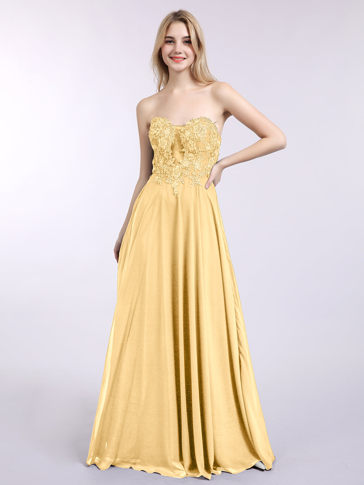 BABARONI Chiffon Gold Bridesmaid Dresses Sweetheart Floor-length Sleeveless Appliqued A-line, Gold / US0