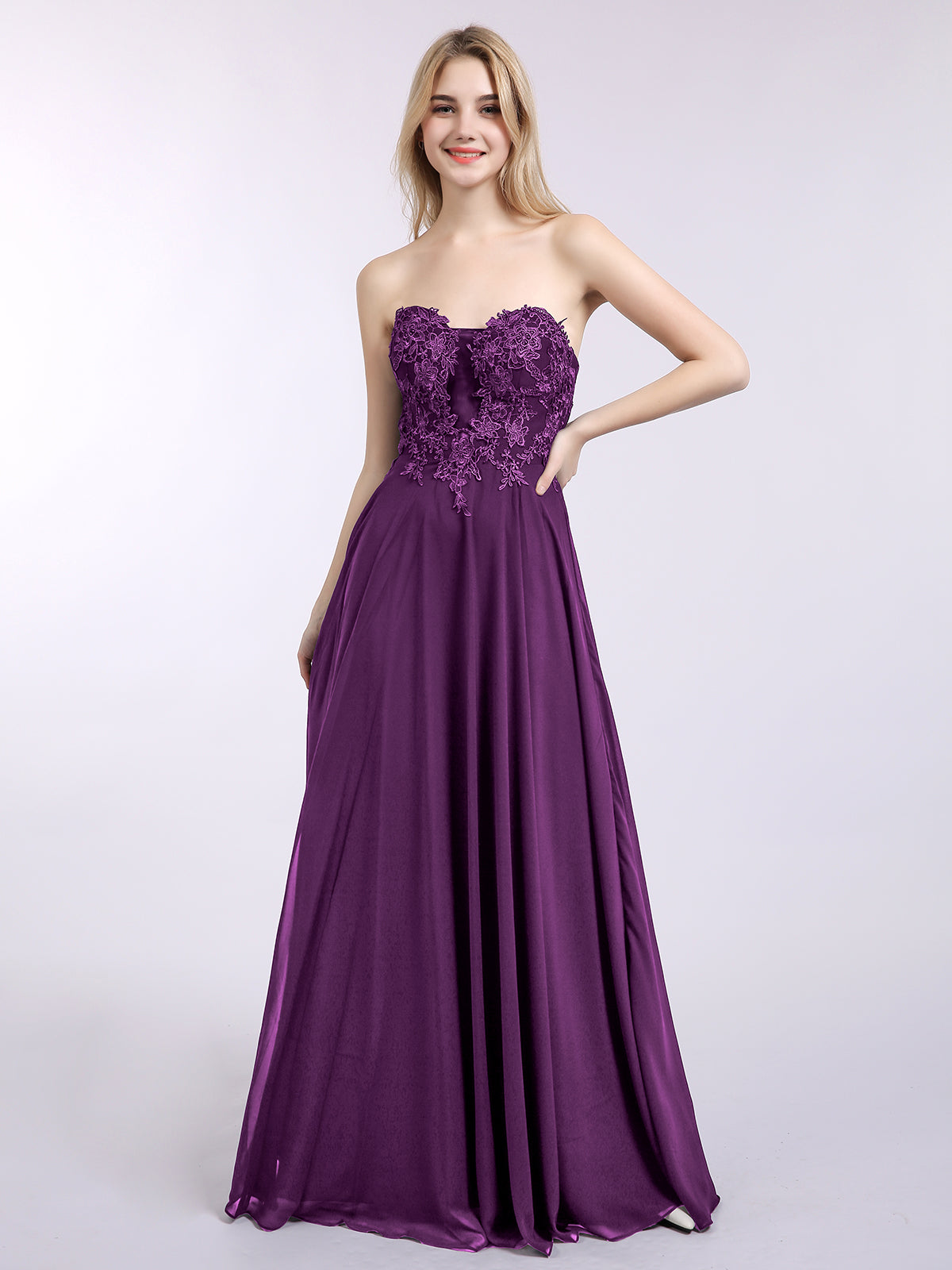 BABARONI Strapless Chiffon with Appliqued Gown Grape, Grape / US0