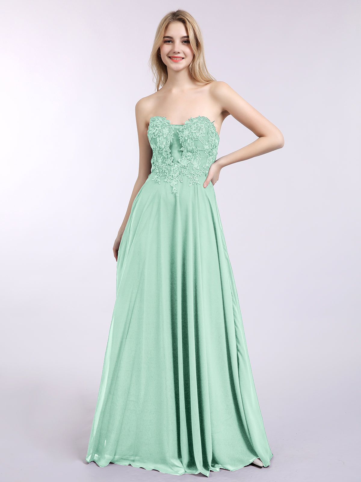 mint green debs dress BABARONI Strapless Chiffon with Appliqued Gown Mint Green Plus Size, Mint Green / US18