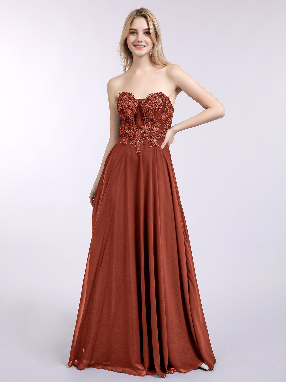 blue dress for baby girl BABARONI Strapless Chiffon with Appliqued Gown Rust, Rust / US0