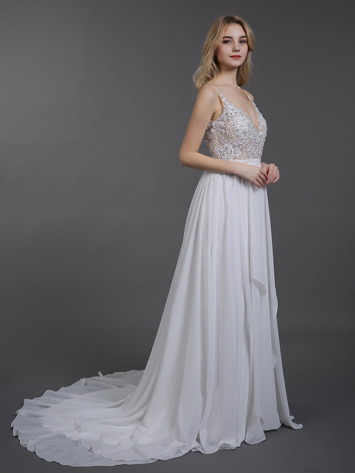 gina bacconi beaded lace dress V-Neck Long-Sleeves Beaded Pleated Chiffon Floor-Length Fitted Evening –  Laxag main image 1