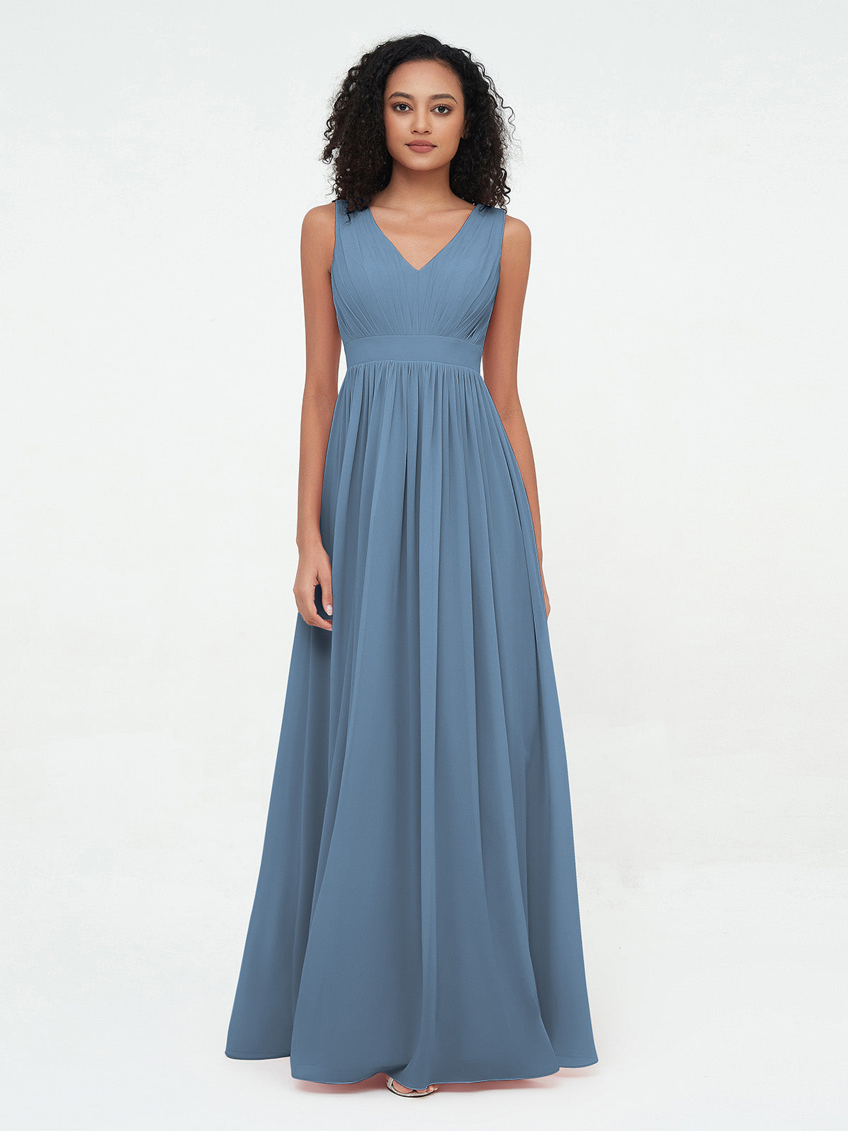 Lace and Chiffon Full Length Dress with V-neck Slate Blue main image 1