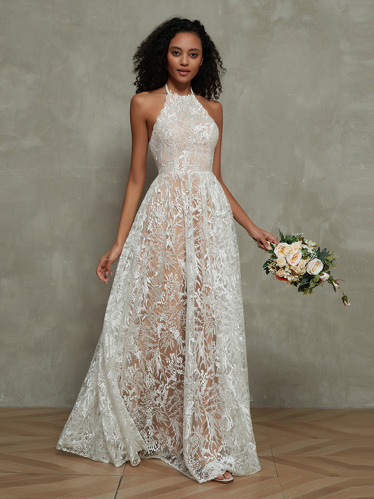 Nude Lining Ivory Lace Halter Floor Length Bridal Dresses Ivory