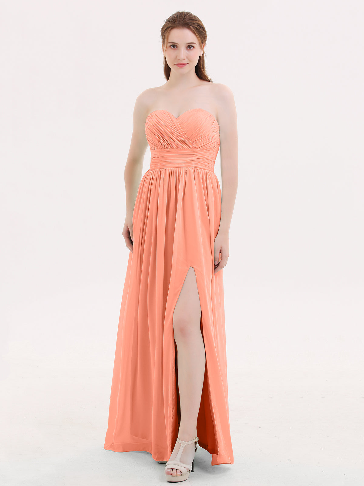 BABARONI Chiffon Sunset Bridesmaid Dresses Sweetheart Floor-length Sleeveless Pleated with Slit A-line, Sunset / US0