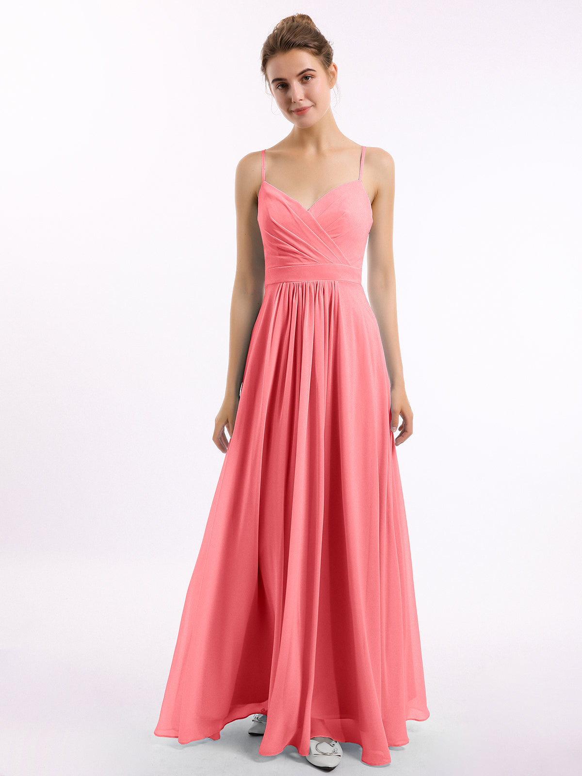 BABARONI Chiffon Watermelon Bridesmaid Dresses V-neck Floor-length Spaghetti Straps Ruched A-line, Watermelon / US0