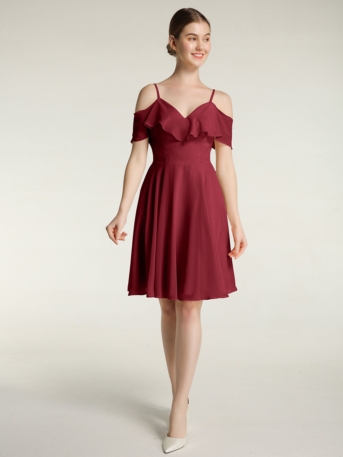 BABARONI Sweetheart Neck Short Dresses with Ruffles Sleeves Burgundy, Burgundy / US0